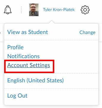 Highlighting location of Account Settings, 