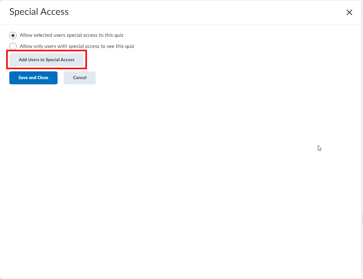 Highlighting Add Users to Special Access